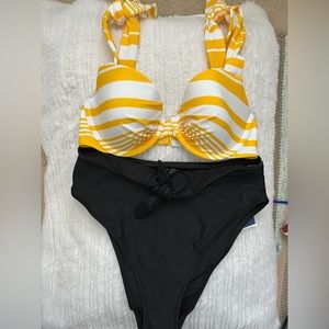 AERIE yellow striped and black bikini set with high waisted black bottoms